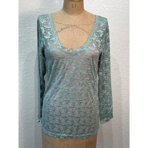 A Rare Bird Teal‎ Blue Floral Lace Long Sleeve Sheer Top Women's Small Med NWT